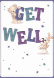 A whimsical illustrated get well card shows a cuddly teddy bear and a floppy-eared puppy working together to hold up the bold message "GET WELL," as if the words themselves are a shared, gentle promise. The letters are large and rounded, painted in rich indigo, deep purple, and teal shades that feel as soothing as evening light over the Thames by Isle of Dogs. The bear clings cheerfully to the top of the word "GET," its soft, textured fur suggested with delicate brushstrokes that make you imagine the feel of a much-loved toy. Below, the playful puppy leans into the sturdy "WELL," velvety ears flopping and tail lifted with hopeful energy, like a happy dog bounding around Mudchute Park. Around the characters and text, scattered star shapes in blues and purples sparkle against a pristine cream background, creating an airy, comforting sense of space and calm. The stars look like little bursts of encouragement, drifting upward the way a carefully chosen get well bouquet lifts someone's spirits. Though there are no flowers drawn, the composition echoes a thoughtfully arranged design from a local Isle of Dogs florist: every colour balanced, every character placed for maximum warmth and reassurance. The clean white ground feels almost like fresh linens in a recovery room, while the joyful illustrations give the emotional equivalent of a soft hug. This card image would pair beautifully with a bright, uplifting arrangement delivered locally, offering a tender, childlike reminder that love, care, and a little playfulness can ease even the most difficult days.
